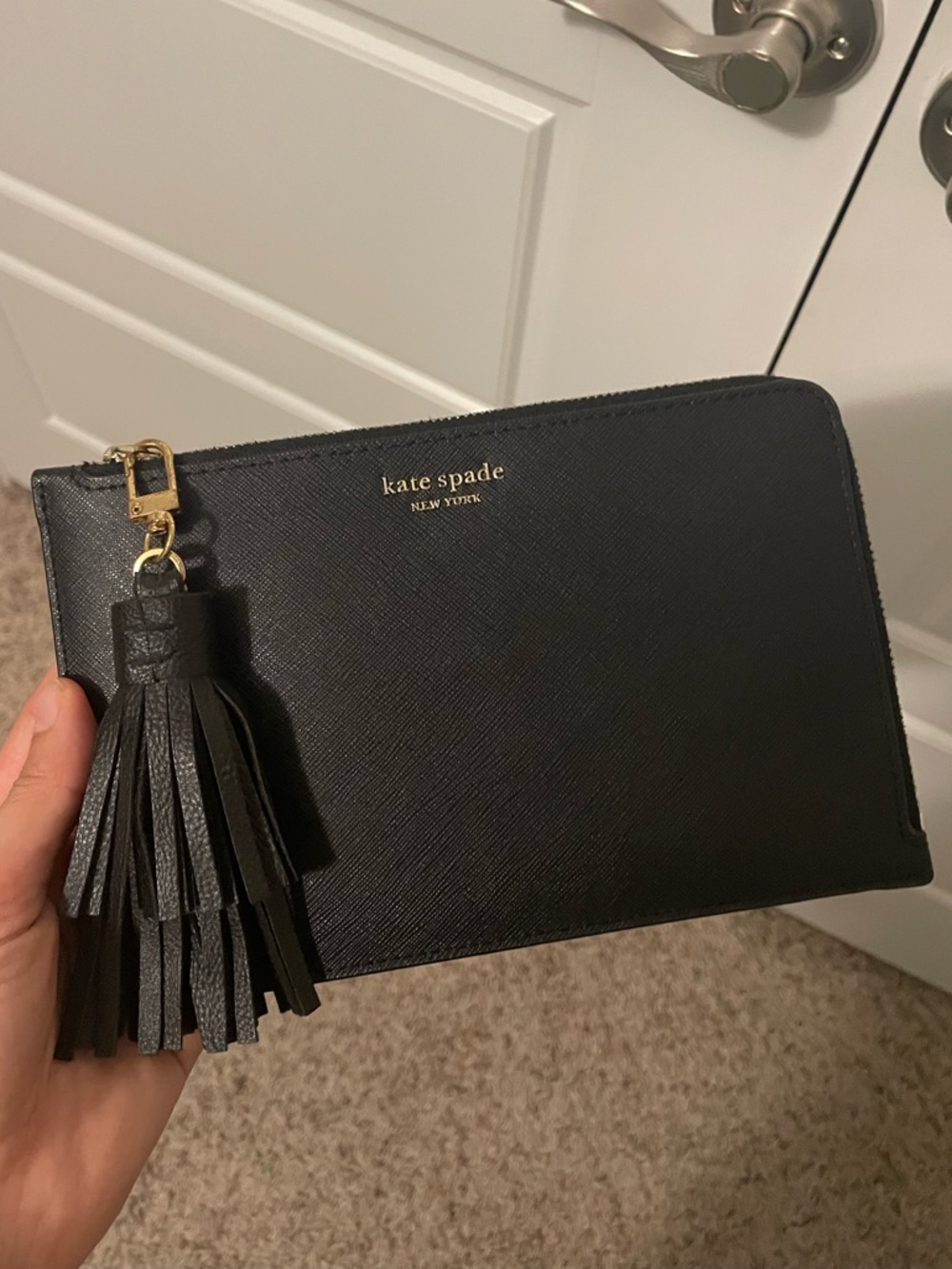 kate spade Black Saffiano Zip Wallet with Tassel